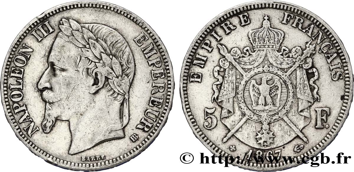 5 francs Napoléon III, tête laurée 1867 Strasbourg F.331/11 TB35 