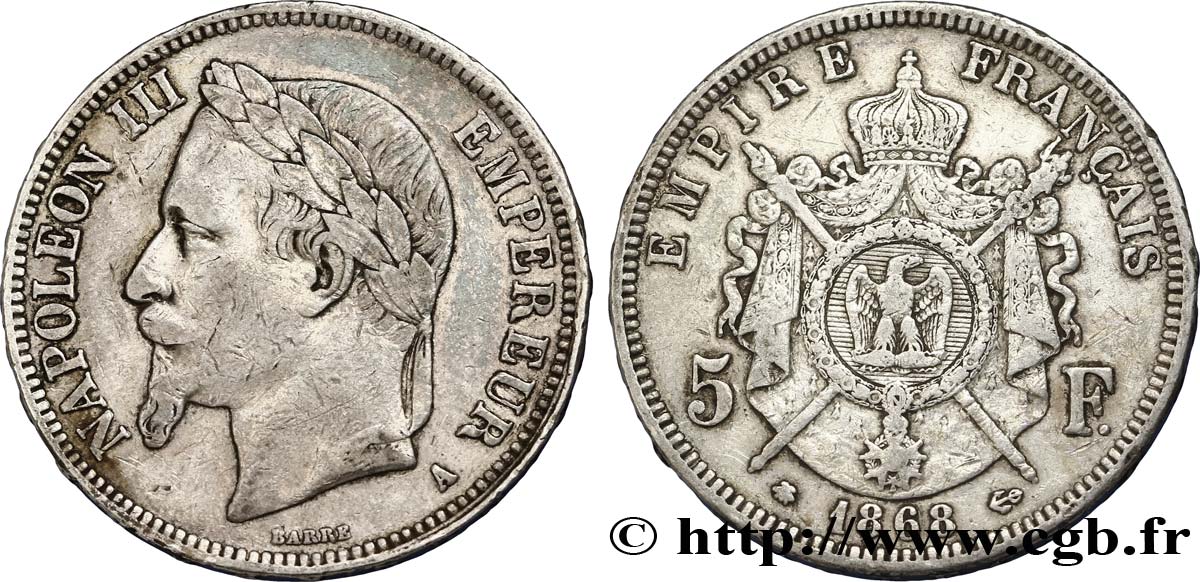 5 francs Napoléon III, tête laurée 1868 Paris F.331/12 MB30 