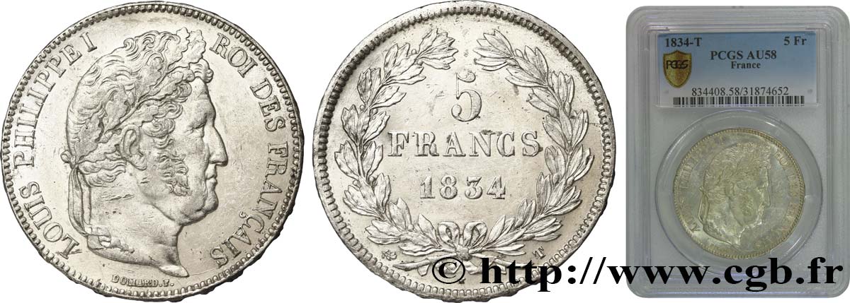 5 francs IIe type Domard 1834 Nantes F.324/40 SPL58 PCGS