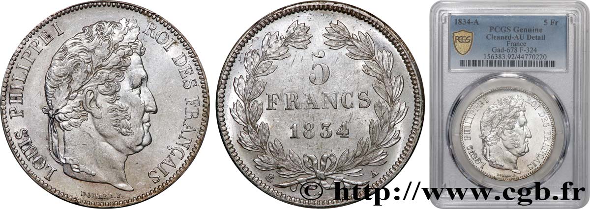 5 francs IIe type Domard 1834 Paris F.324/29 AU PCGS