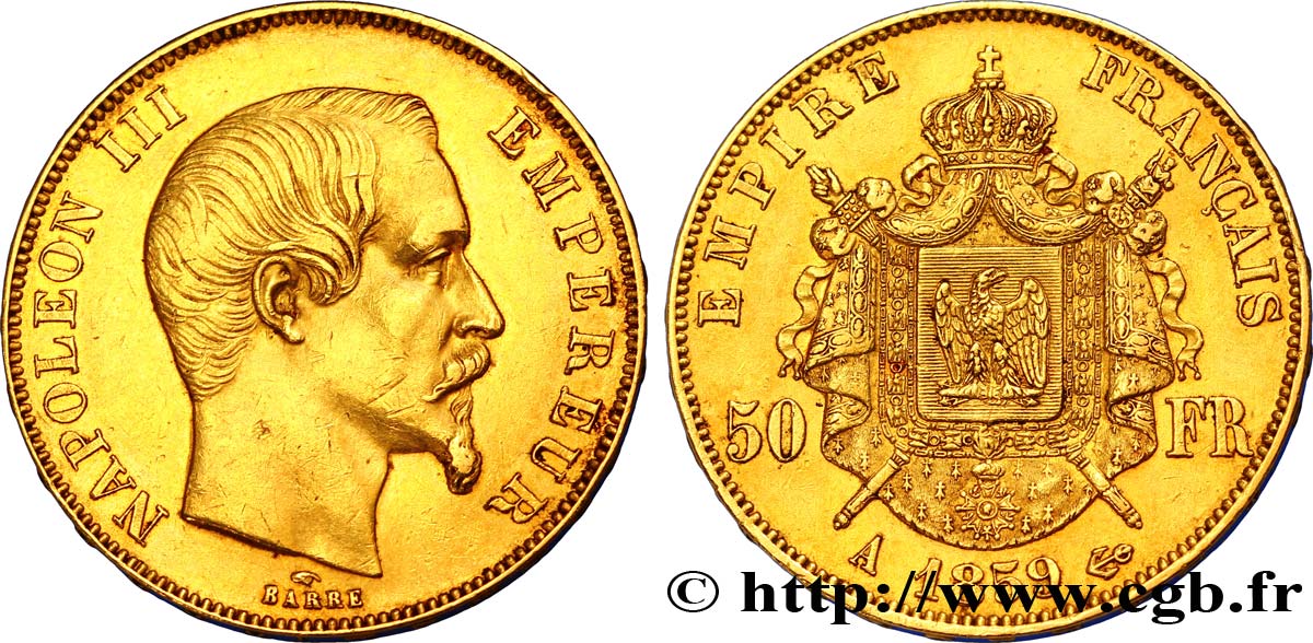 50 francs or Napoléon III, tête nue 1859 Paris F.547/7 XF45 