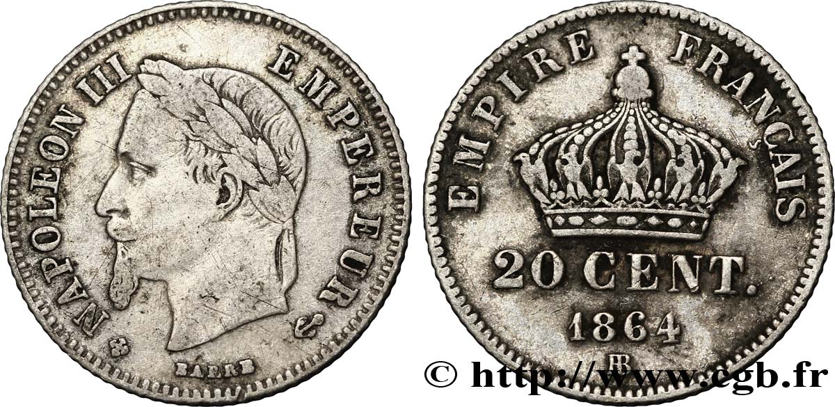 20 centimes Napoléon III, tête laurée, petit module 1864 Strasbourg F.149/2 TB20 
