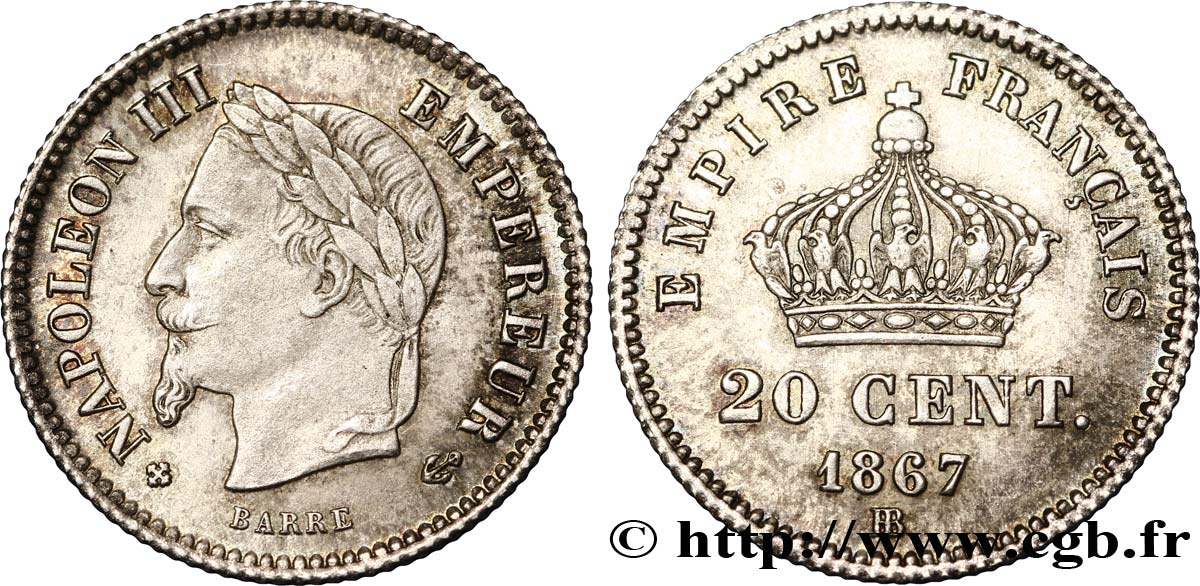 20 centimes Napoléon III, tête laurée, grand module 1867 Strasbourg F.150/2 MS60 