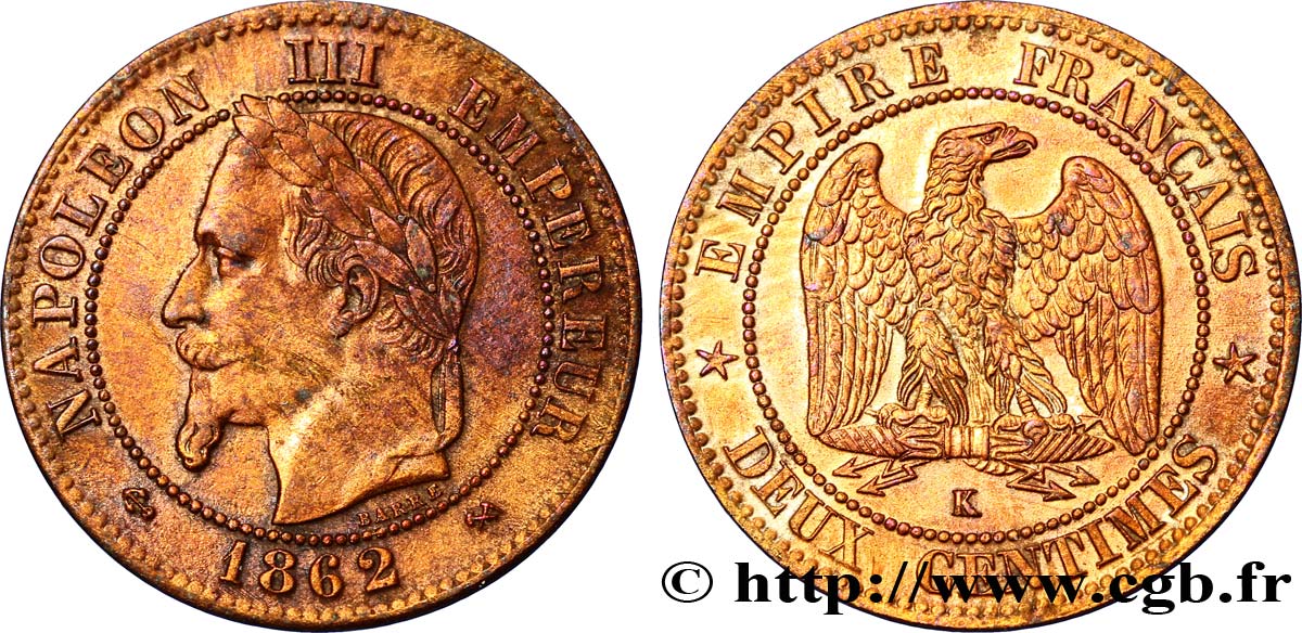 Deux centimes Napoléon III, tête laurée 1862 Bordeaux F.108A/7 BB48 