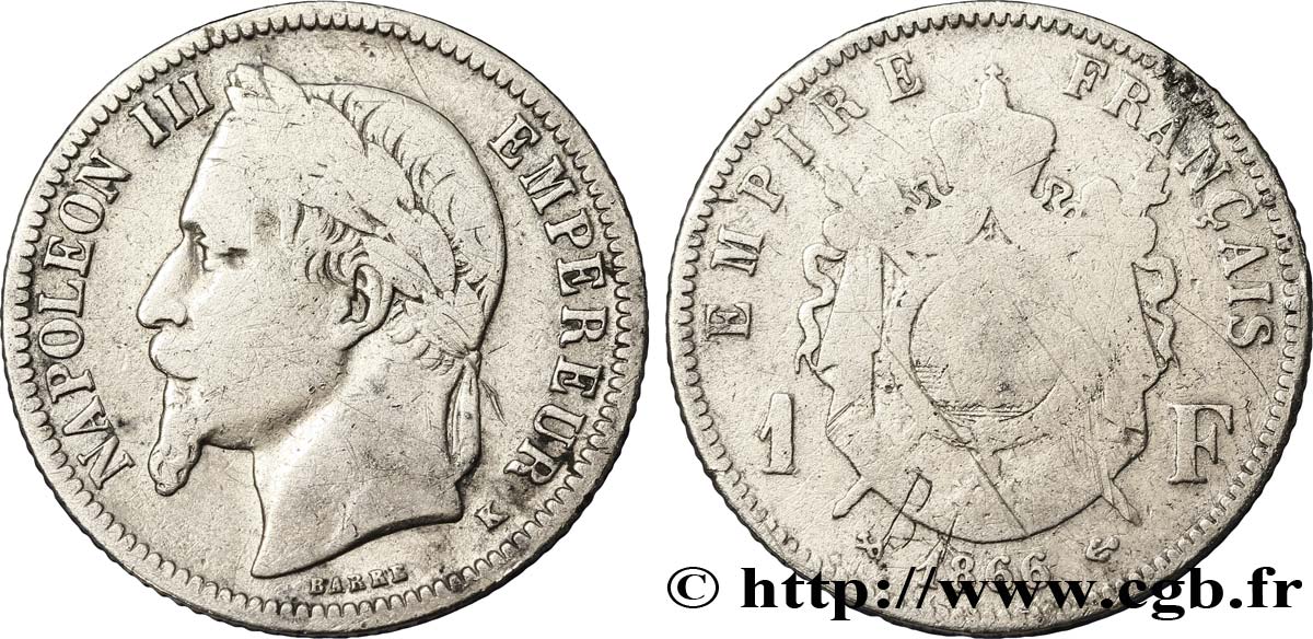 1 franc Napoléon III, tête laurée 1866 Bordeaux F.215/5 VG8 