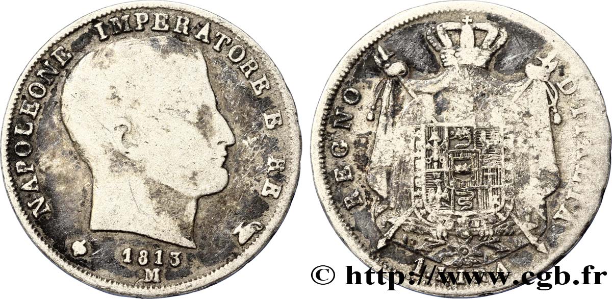 1 lira Napoléon Empereur et Roi d’Italie, étoiles en creux sur la tranche 1813 Milan M.261  VG10 