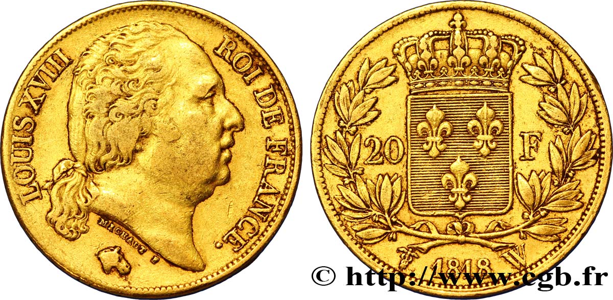 20 francs or Louis XVIII, tête nue 1818 Lille F.519/14 SS45 