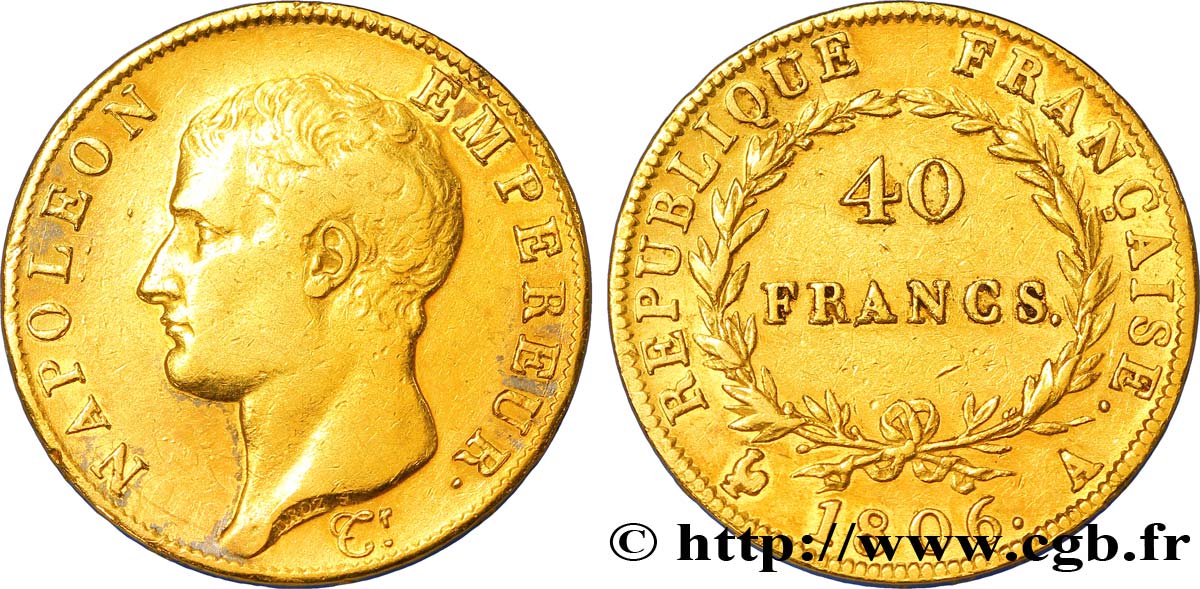 40 francs or Napoléon tête nue, Calendrier grégorien 1806 Paris F.538/1 XF45 