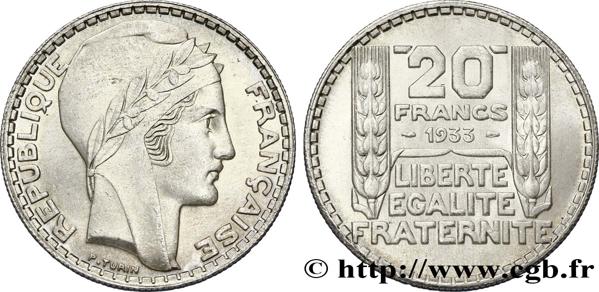 20 francs Turin, rameaux courts 1933  F.400/4 MS62 