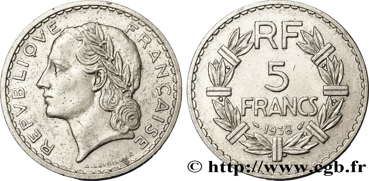5 francs Lavrillier, nickel 1938  F.336/7 TTB48 