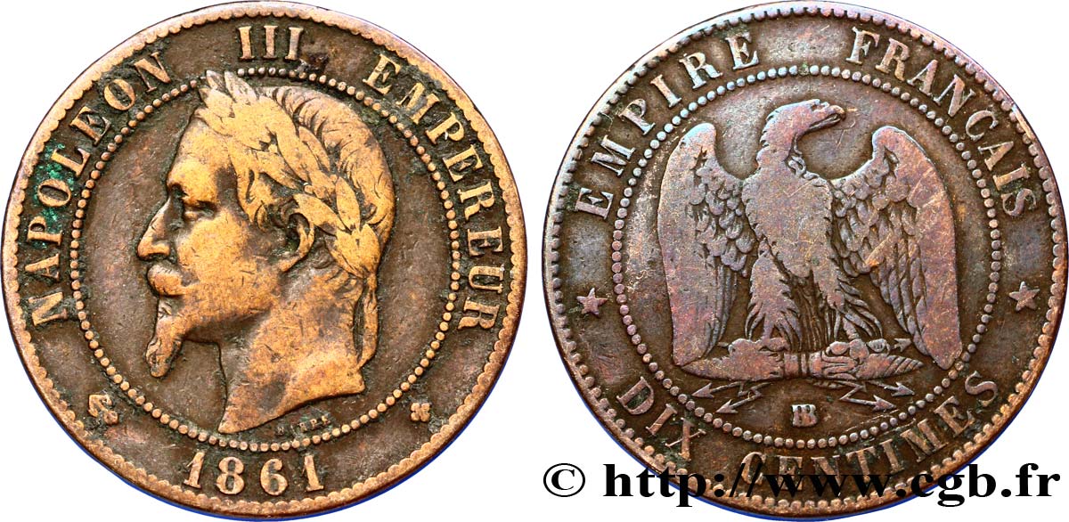 Dix centimes Napoléon III, tête laurée 1861 Strasbourg F.134/5 BC25 