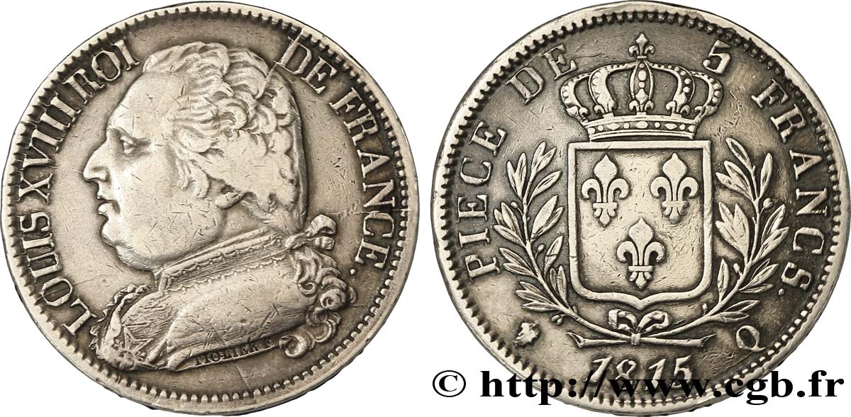 5 francs Louis XVIII, buste habillé 1815 Perpignan F.308/29 BB40 