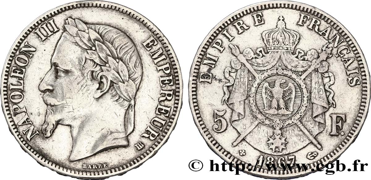 5 francs Napoléon III, tête laurée 1867 Strasbourg F.331/11 XF40 