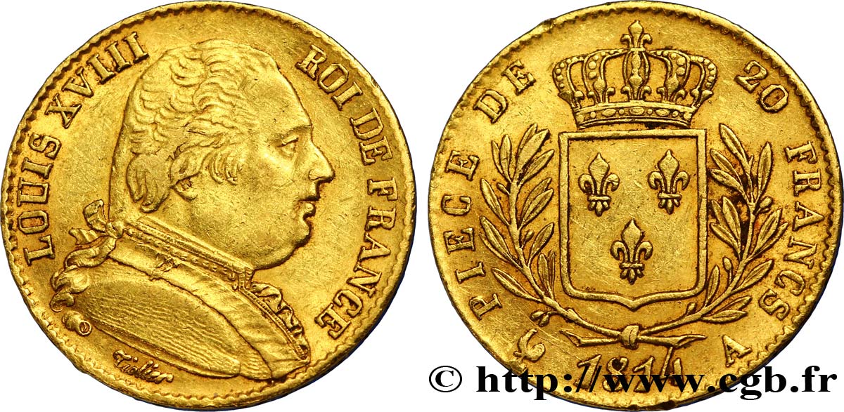 20 francs or Louis XVIII, buste habillé 1814 Paris F.517/1 XF45 