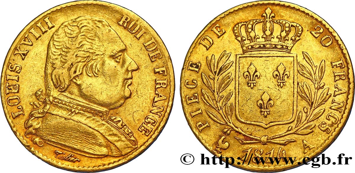 20 francs or Louis XVIII, buste habillé 1814 Paris F.517/2 MBC45 