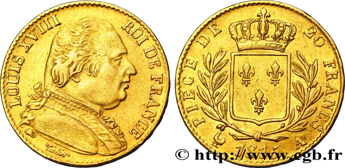 20 francs or Louis XVIII, buste habillé 1815 Paris F.517/10 MBC48 