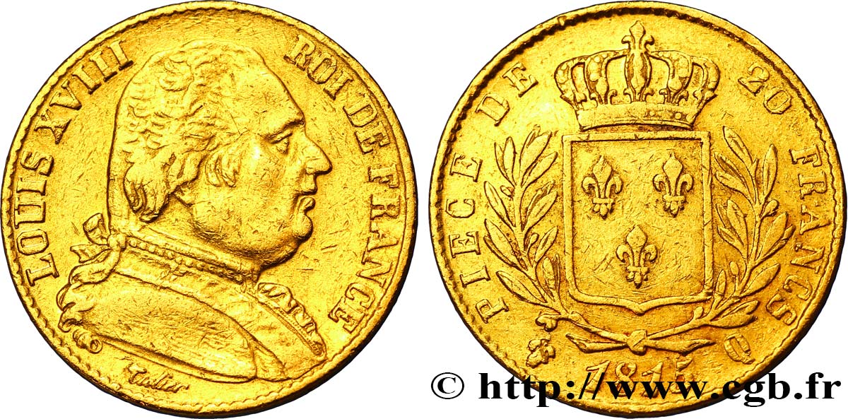20 francs or Louis XVIII, buste habillé 1815 Perpignan F.517/16 XF45 