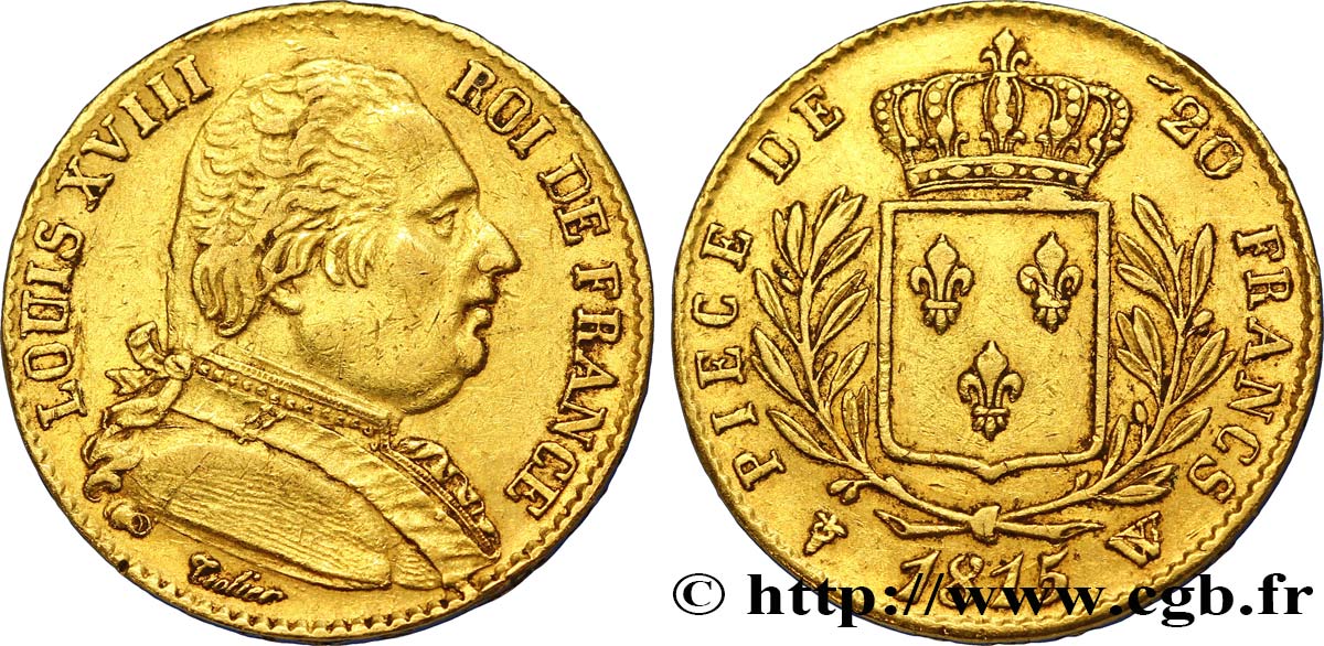 20 francs or Louis XVIII, buste habillé 1815 Lille F.517/18 XF45 