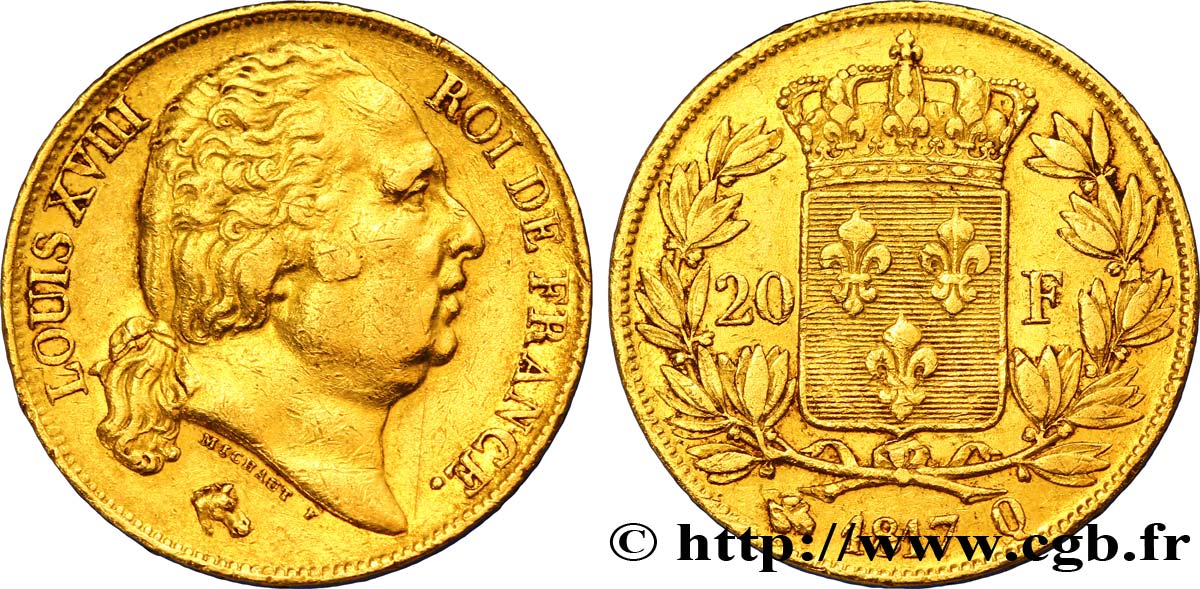 20 francs or Louis XVIII, tête nue 1817 Perpignan F.519/8 MBC48 