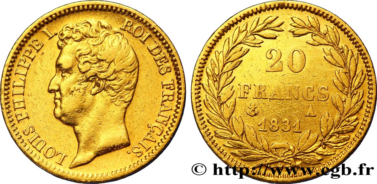 20 francs or Louis-Philippe, Tiolier, tranche inscrite en creux 1831 Paris F.524/2 BB45 