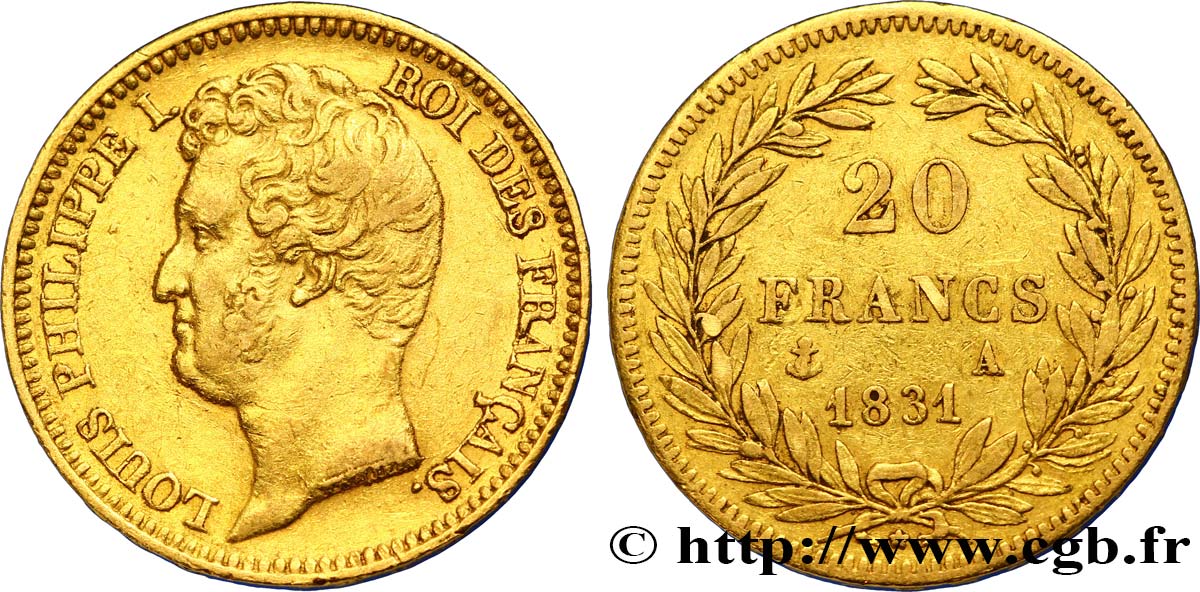 20 francs or Louis-Philippe, Tiolier, tranche inscrite en relief 1831 Paris F.525/2 SS48 