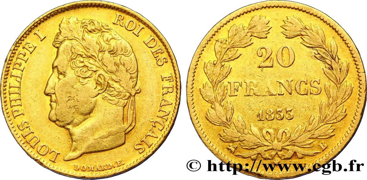 20 francs or Louis-Philippe, Domard 1833 Rouen F.527/5 MBC45 