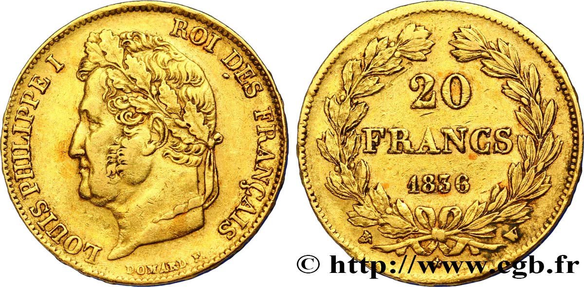 20 francs or Louis-Philippe, Domard 1836 Lille F.527/15 SS48 