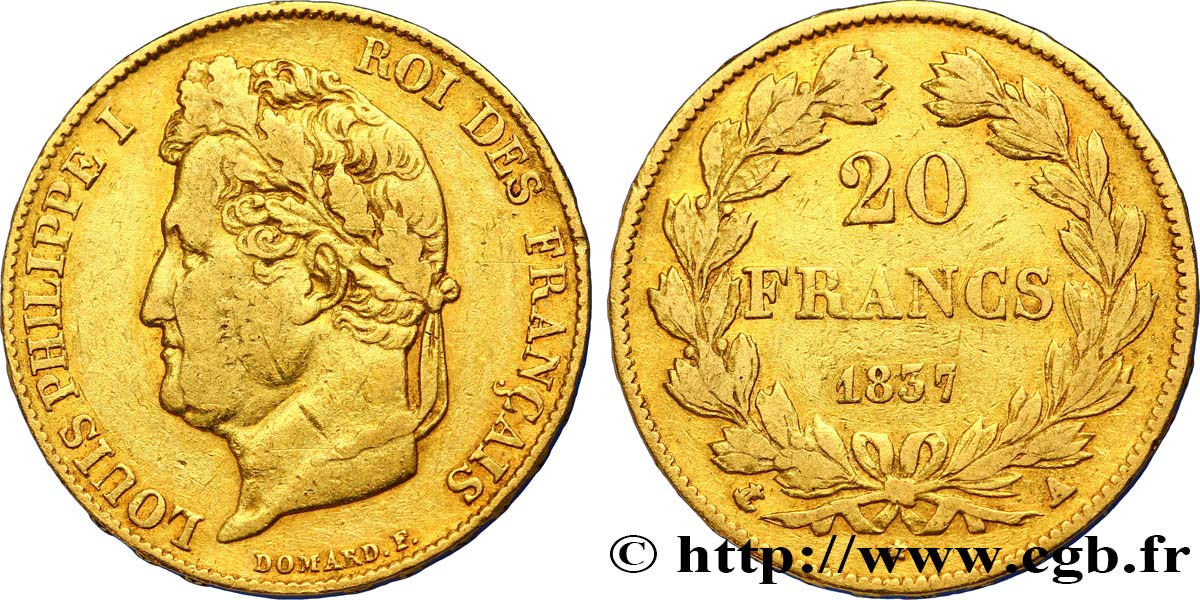 20 francs or Louis-Philippe, Domard 1837 Paris F.527/16 MBC45 
