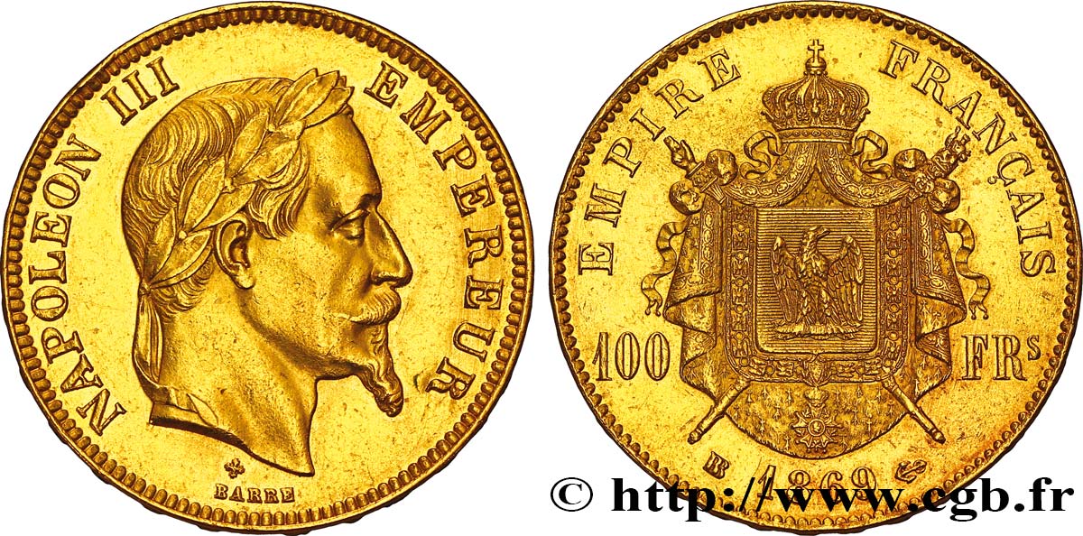 100 francs or Napoléon III, tête laurée 1869 Strasbourg F.551/13 AU53 