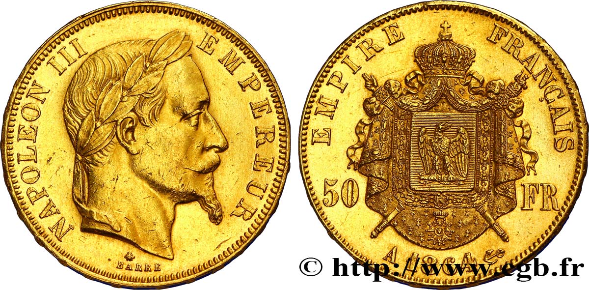 50 francs or Napoléon III, tête laurée 1864 Paris F.548/4 AU52 