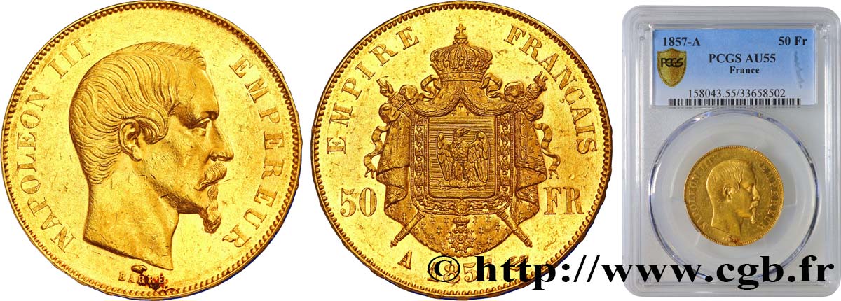 50 francs or Napoléon III, tête nue 1857 Paris F.547/4 EBC55 PCGS