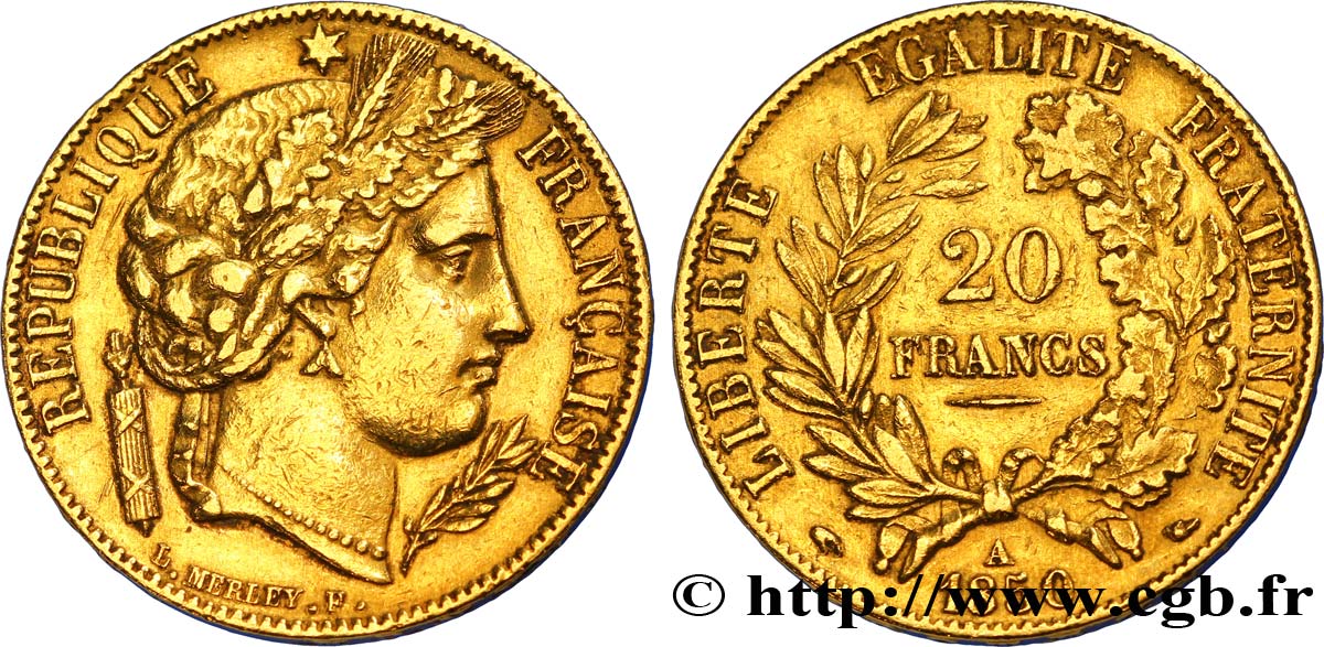 20 francs or Cérès, oreille haute 1850 Paris F.529/2 BB45 