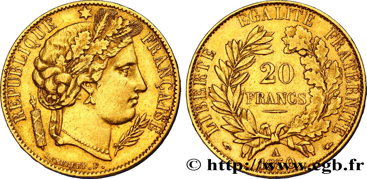 20 francs or Cérès, oreille basse 1850 Paris F.529/3 XF48 