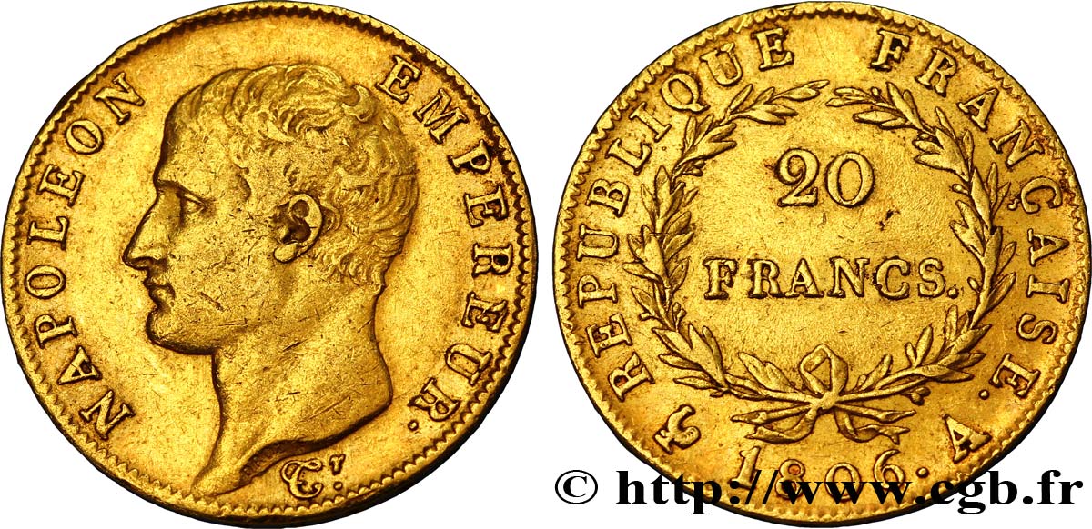 20 francs or Napoléon tête nue, Calendrier grégorien 1806 Paris F.513/1 TTB45 