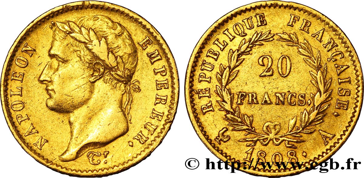 20 francs or Napoléon tête laurée, République française 1808 Paris F.515/2 BB48 