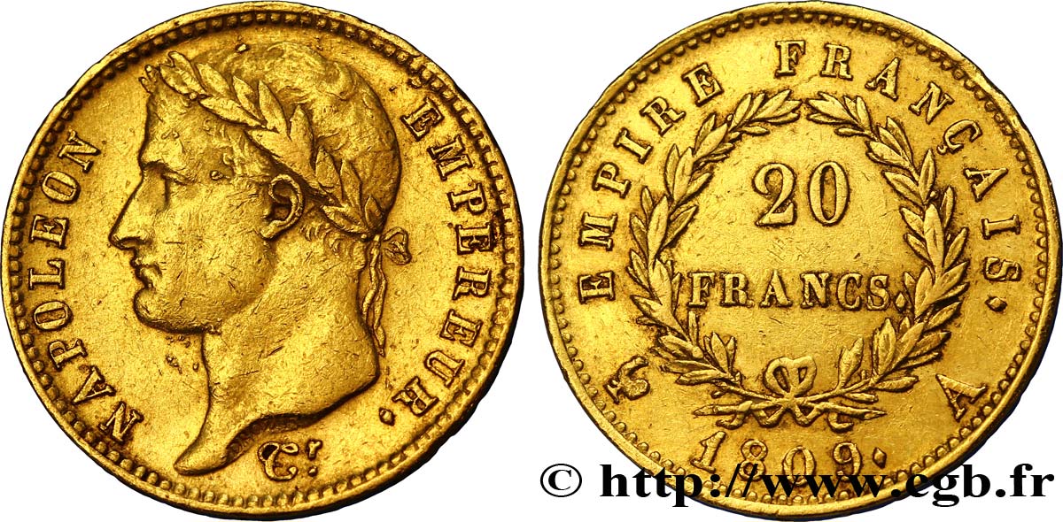 20 francs or Napoléon tête laurée, Empire français 1809 Paris F.516/1 MBC45 