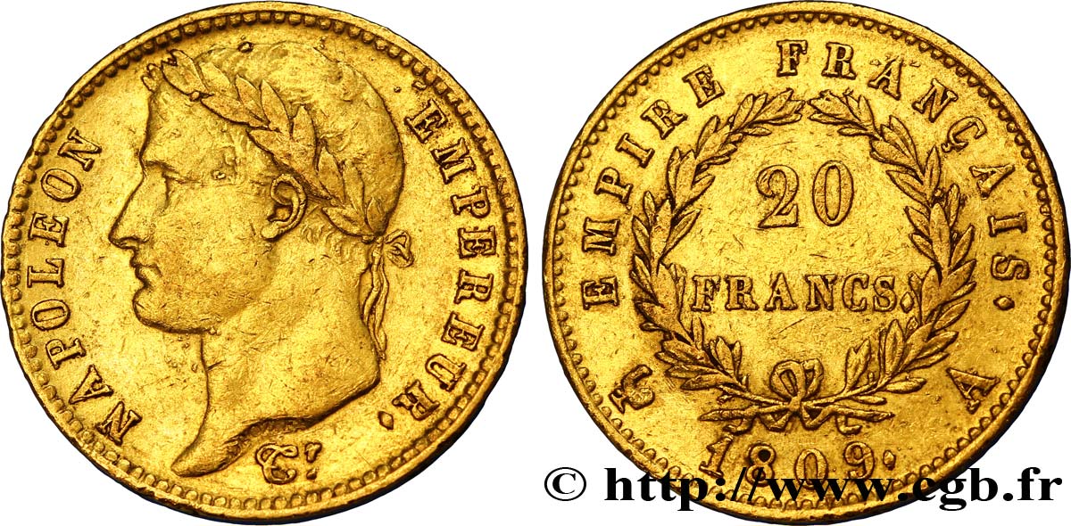 20 francs or Napoléon tête laurée, Empire français 1809 Paris F.516/1 SS45 