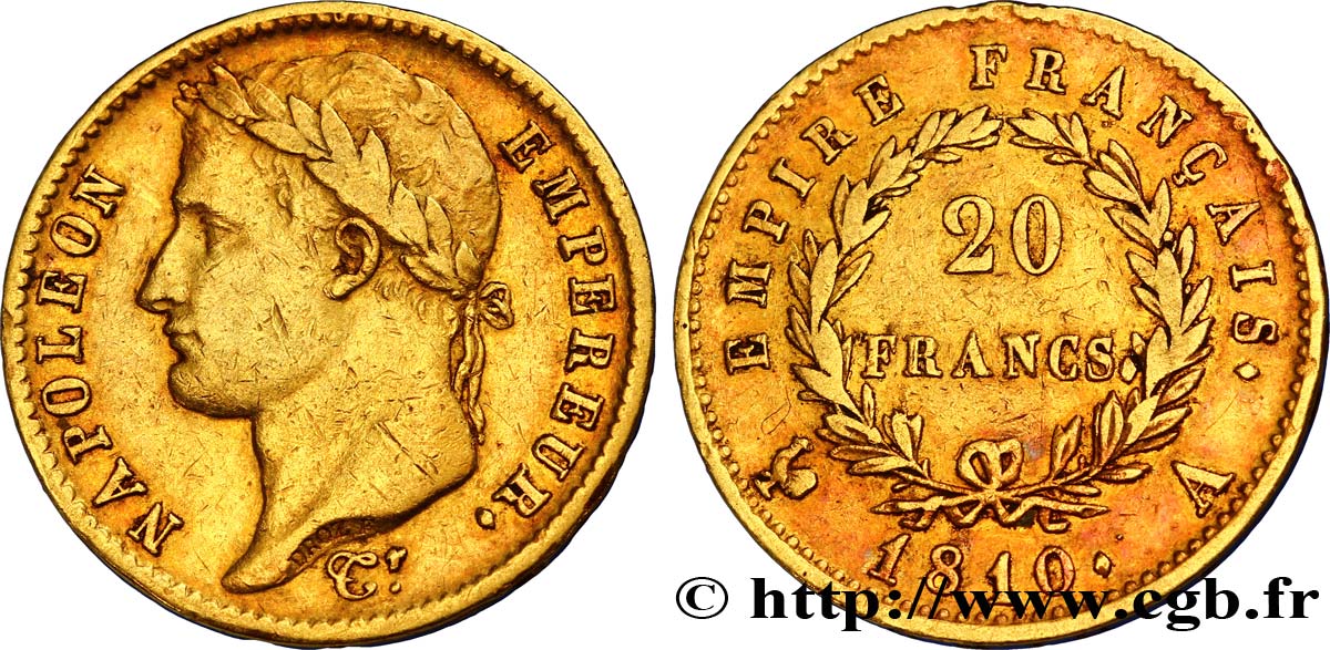20 francs or Napoléon tête laurée, Empire français 1810 Paris F.516/8 XF42 