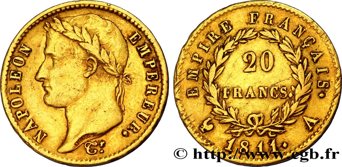 20 francs or Napoléon tête laurée, Empire français 1811 Paris F.516/16 XF45 