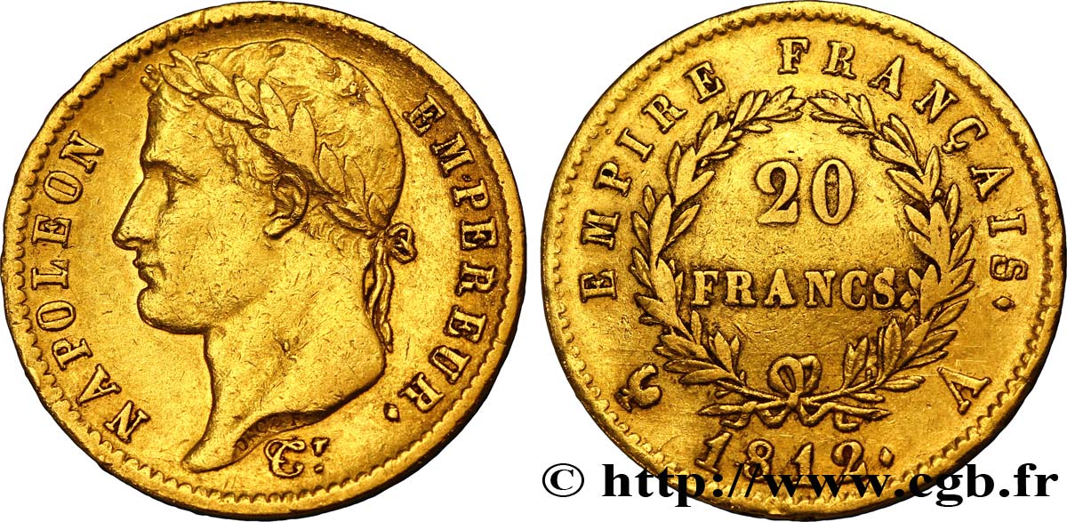 20 francs or Napoléon tête laurée, Empire français 1812 Paris F.516/22 MBC45 