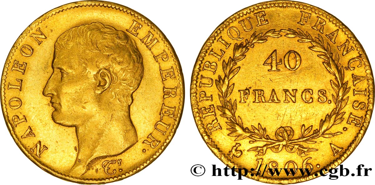 40 francs or Napoléon tête nue, Calendrier grégorien 1806 Paris F.538/1 MBC48 