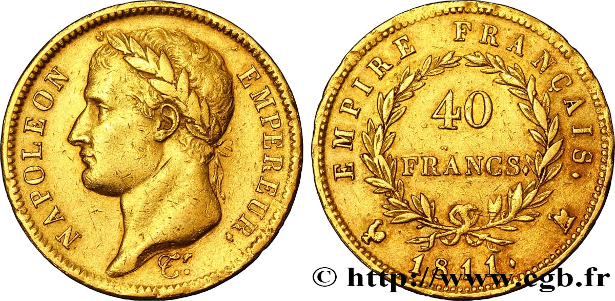 40 francs or Napoléon tête laurée, Empire français 1811 Paris F.541/7 MBC48 