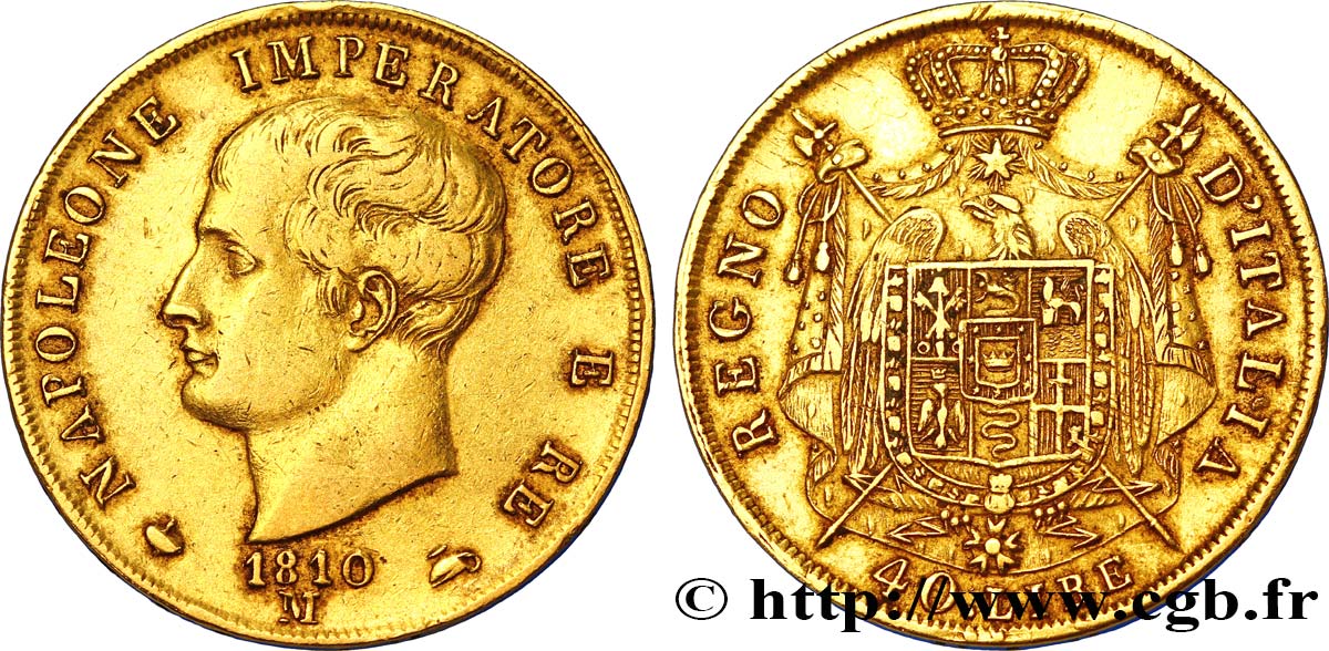 40 lire or Napoléon Empereur et Roi d’Italie, 2e type, tranche en creux 1810 Milan M.196  MBC45 