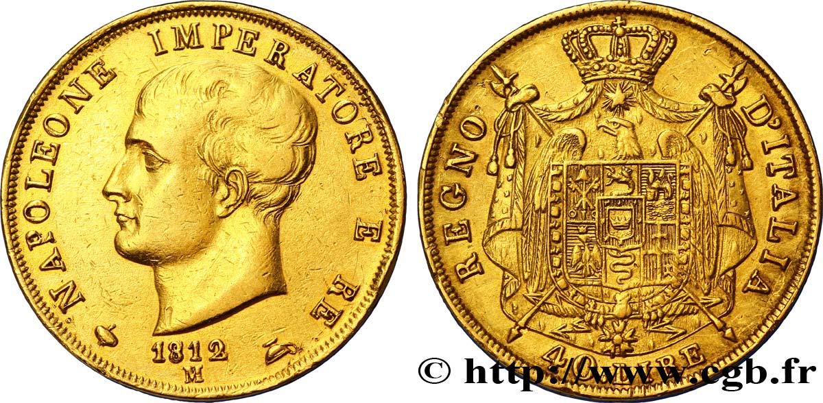 40 lire or Napoléon Empereur et Roi d’Italie, 2e type, tranche en creux 1812 Milan VG.1370  MBC48 