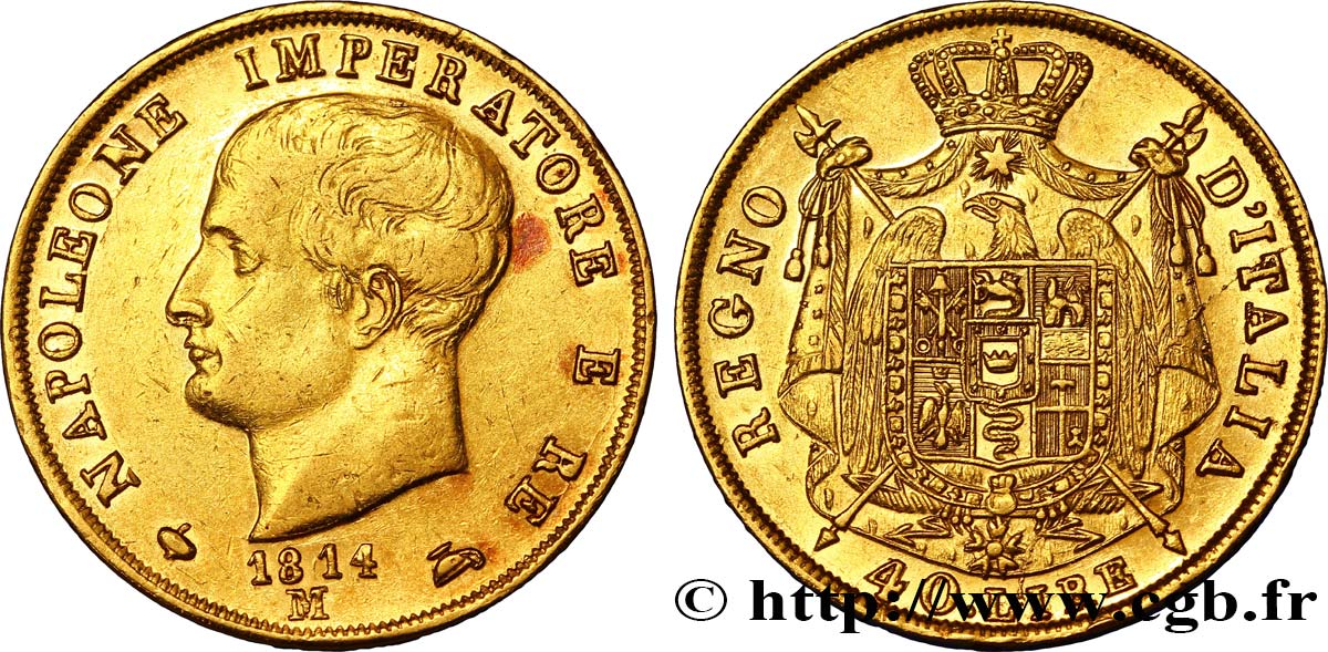 40 lire or Napoléon Empereur et Roi d’Italie, 2e type, tranche en creux 1814 Milan M.203  AU50 