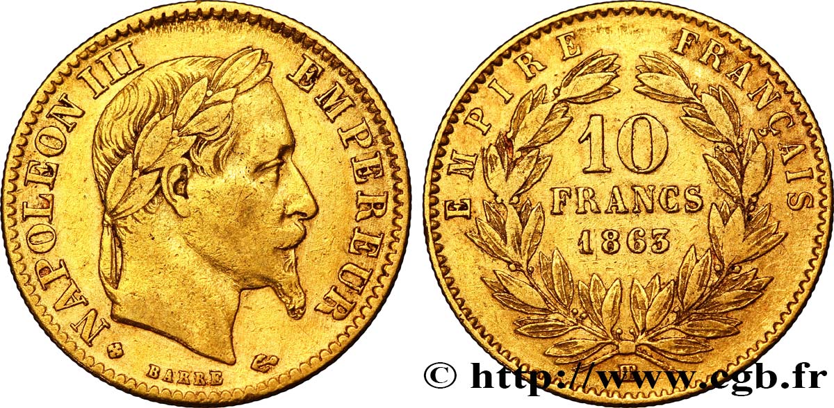 10 francs or Napoléon III, tête laurée 1863 Strasbourg F.507A/4 BB45 
