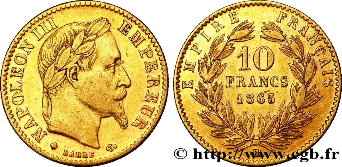 10 francs or Napoléon III, tête laurée 1865 Strasbourg F.507A/10 XF48 