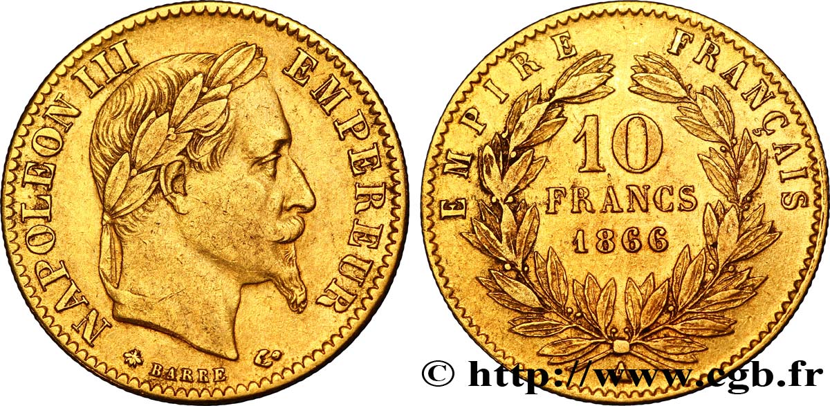 10 francs or Napoléon III, tête laurée 1866 Paris F.507A/12 SS45 