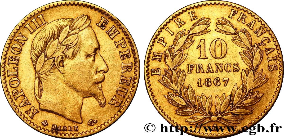 10 francs or Napoléon III, tête laurée 1867 Paris F.507A/15 XF45 