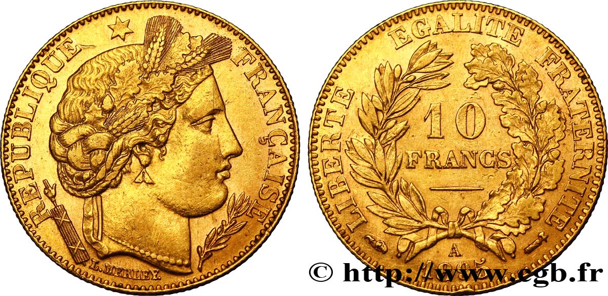 10 francs or Cérès, Troisième République 1895 Paris F.508/3 AU53 
